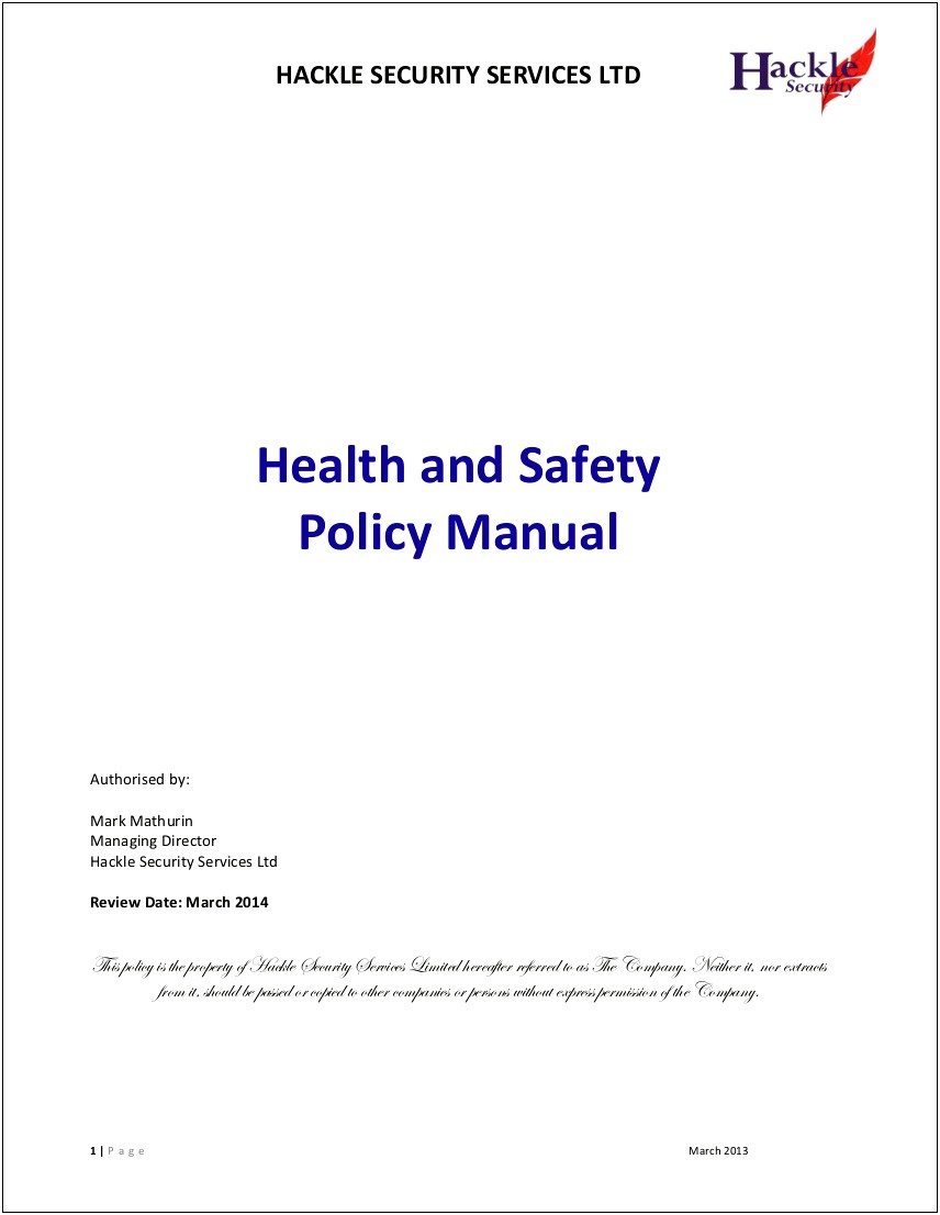 Free Standard Health And Safety Policy Template