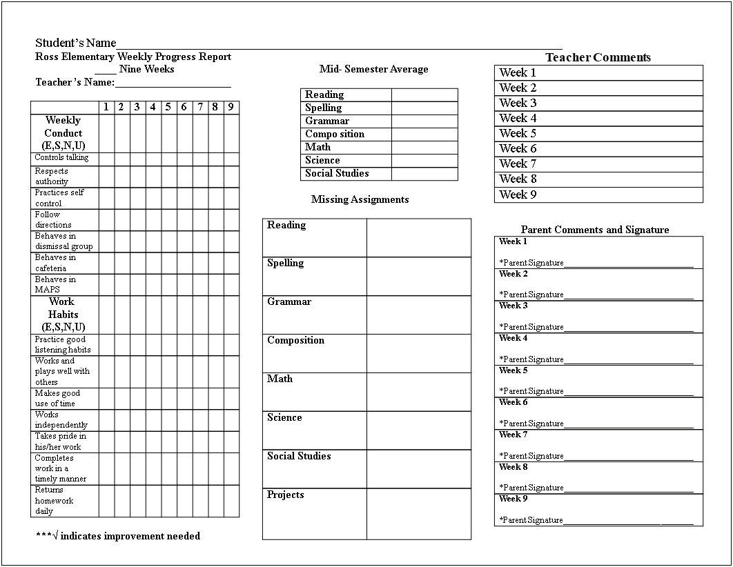 Free Student Weekly Progress Report Template