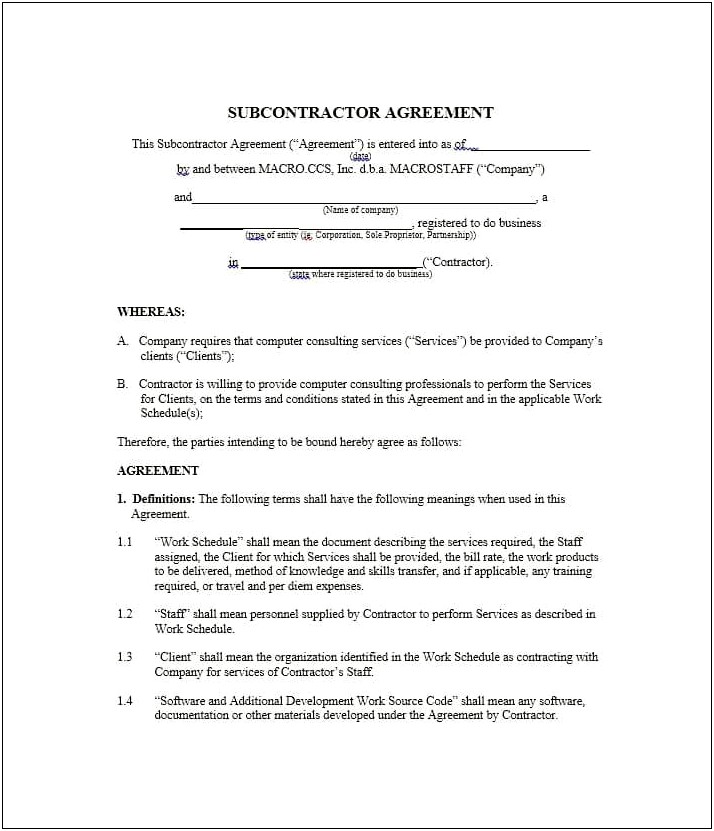 Free Subcontractor Agreement Template For Professional Services
