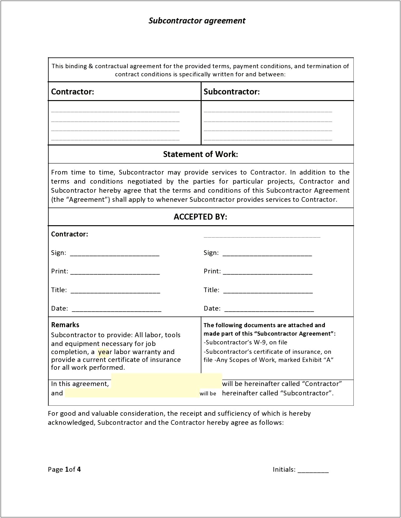Free Subcontractor Agreement Template Word Uk