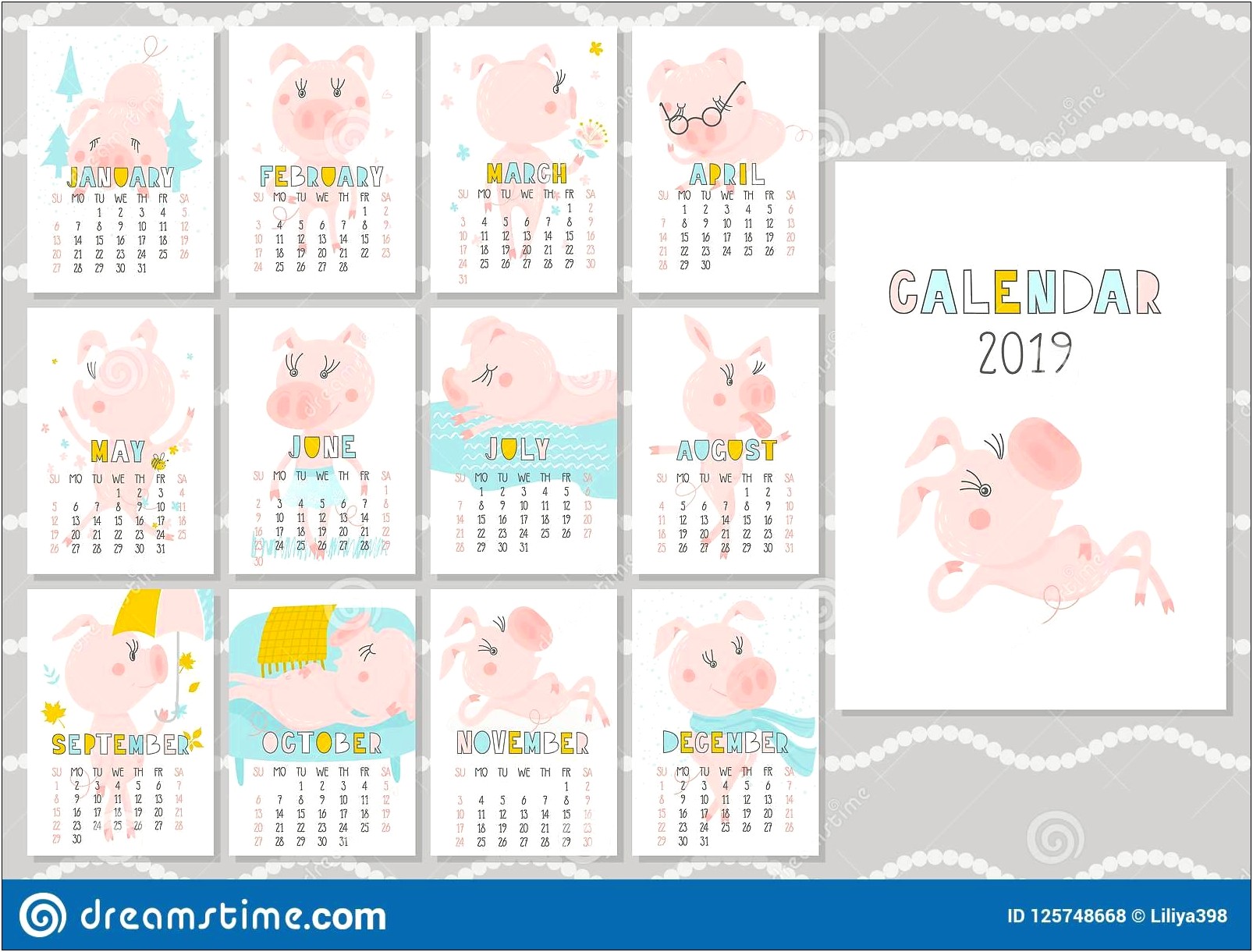 Free Template 2019 Monthly Calendar With Cute Animals