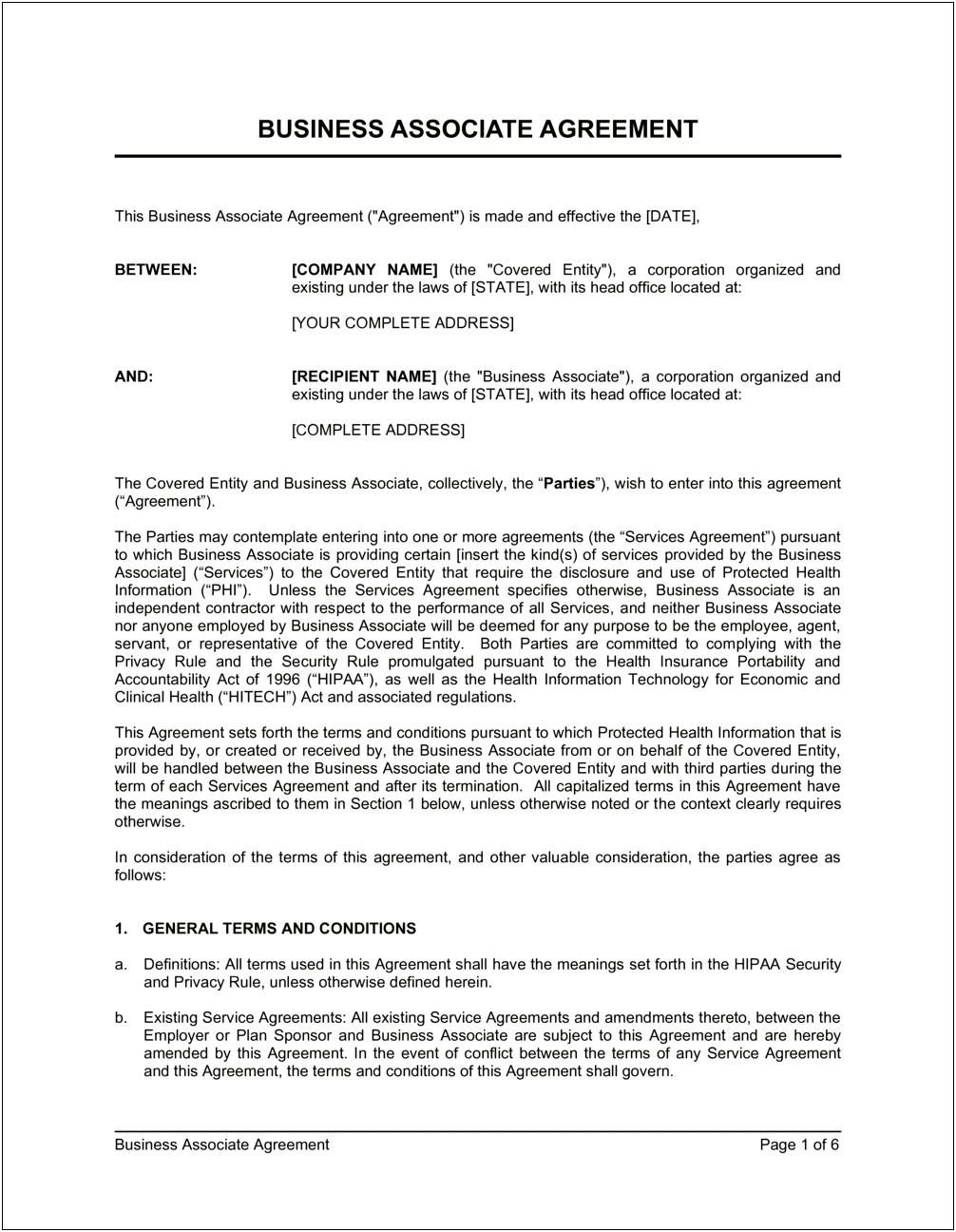 Free Template For A Business Associate Agreement