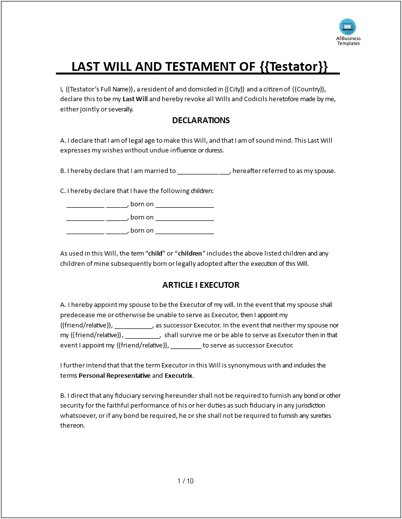 Free Template For A Will And Testament