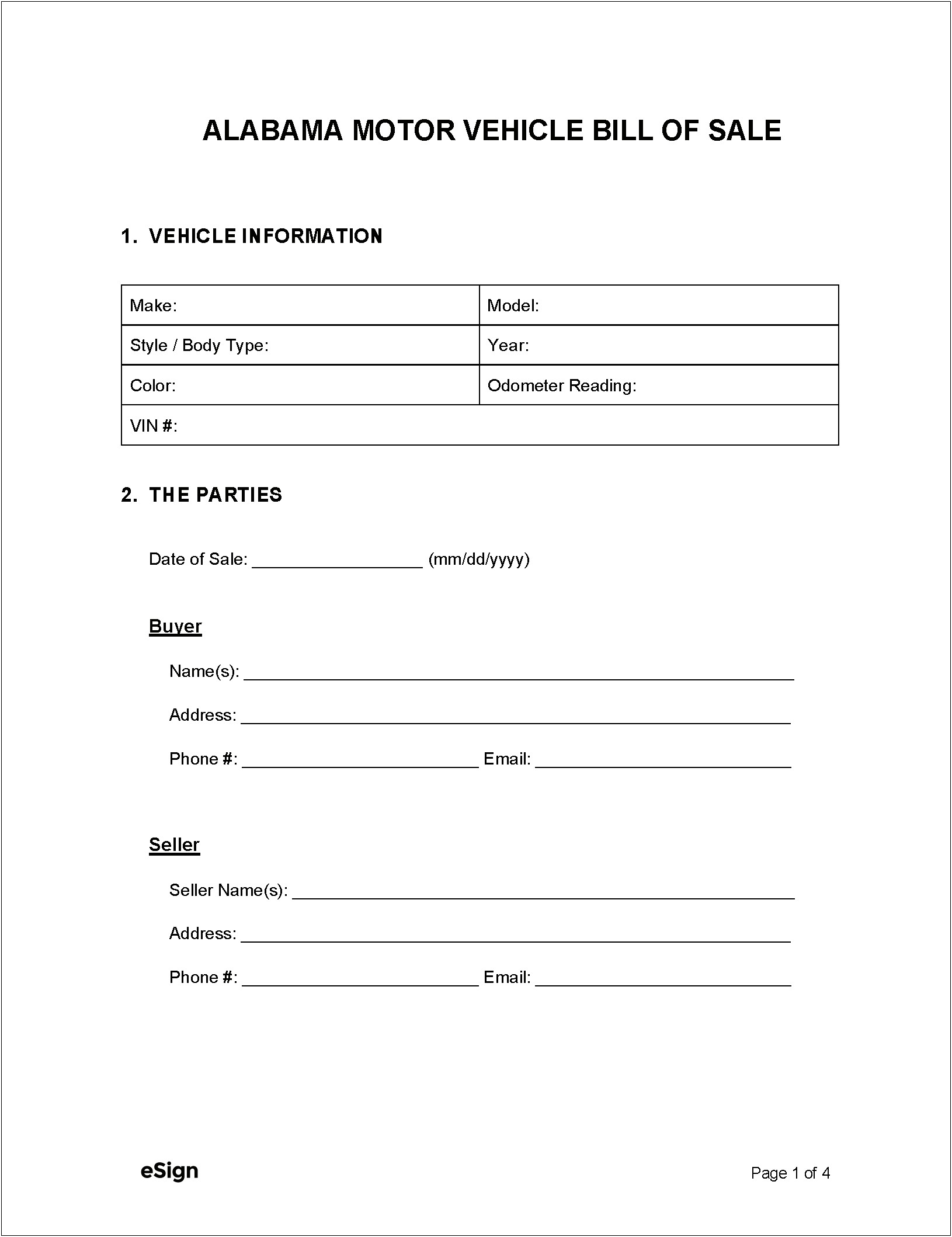 Free Template For Auto Bill Of Sale Alabama