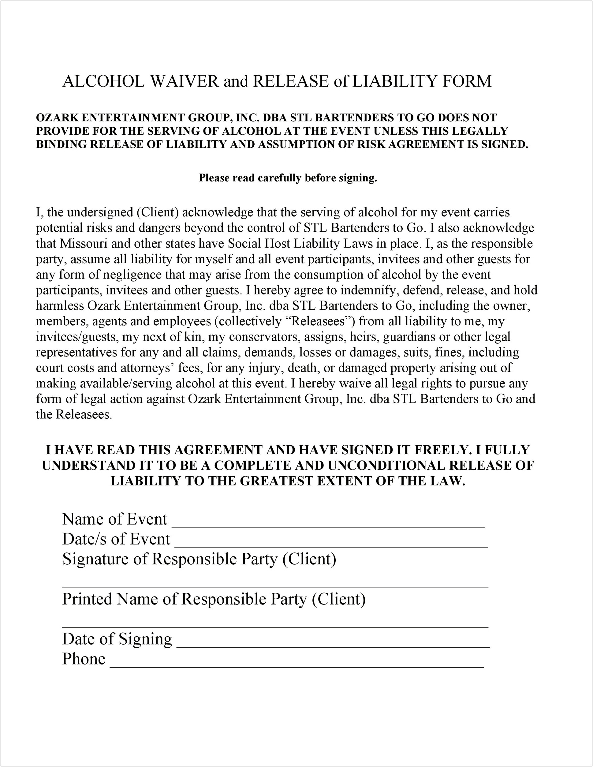 Free Template For Liability Release For Repairs