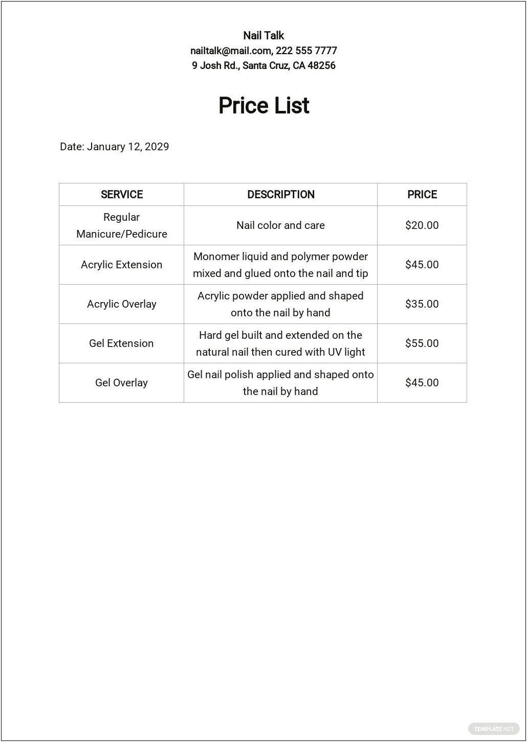 Free Template For Nail Salon Price List