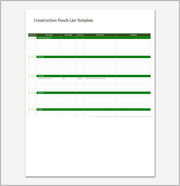 Free Template For Punch List For Construction