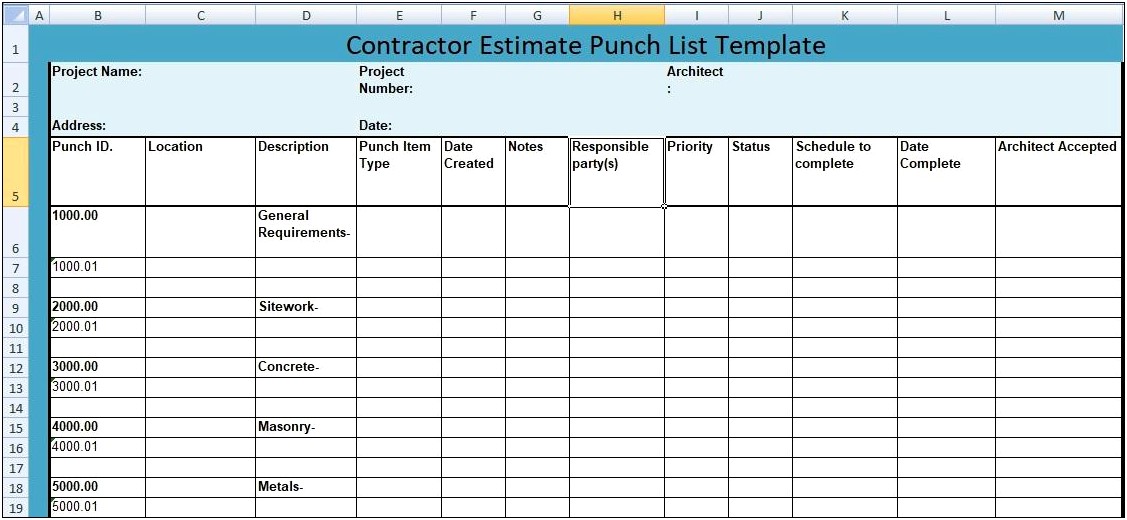 Free Template For Punch List For Roof Construction