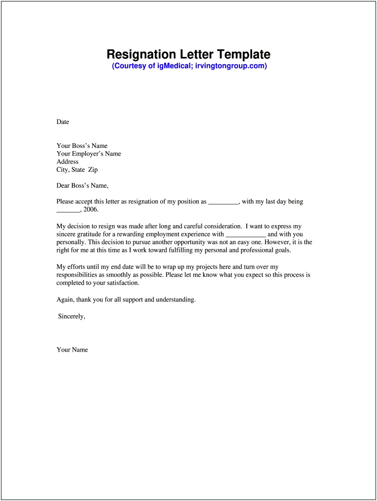 Free Template For Writing A Resignation Letter