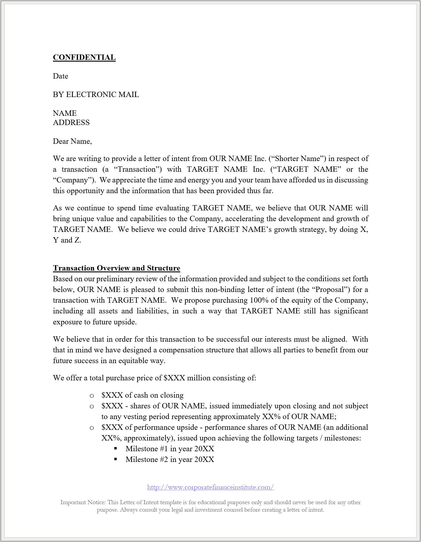 Free Template Letter Of Intent To Purchase Business