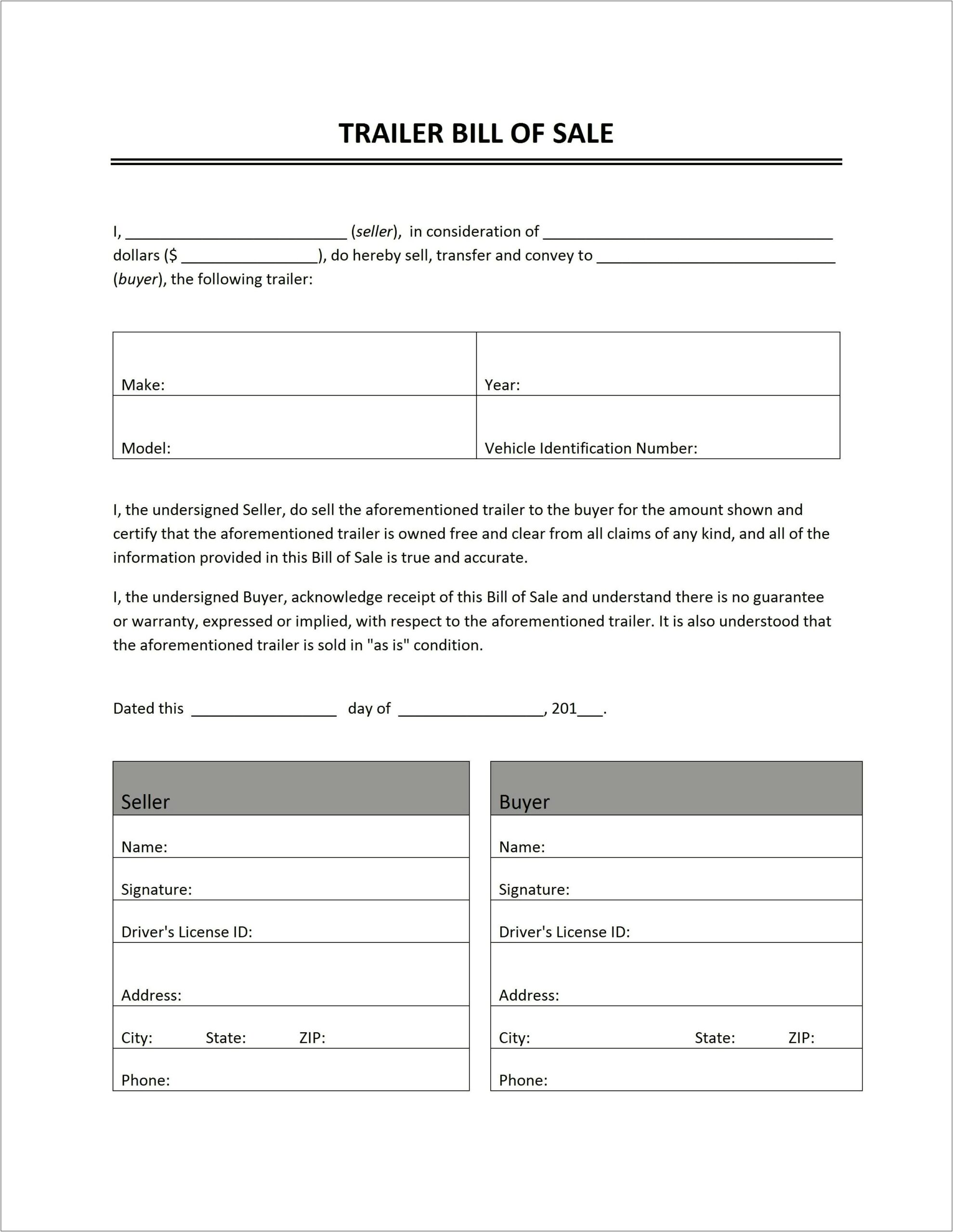 Free Templates For Bill Of Sale For Trailers