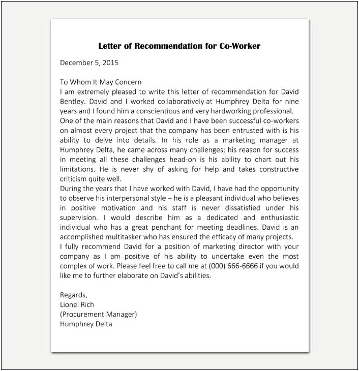 Free Templates For Co Worker Recommendation Letter