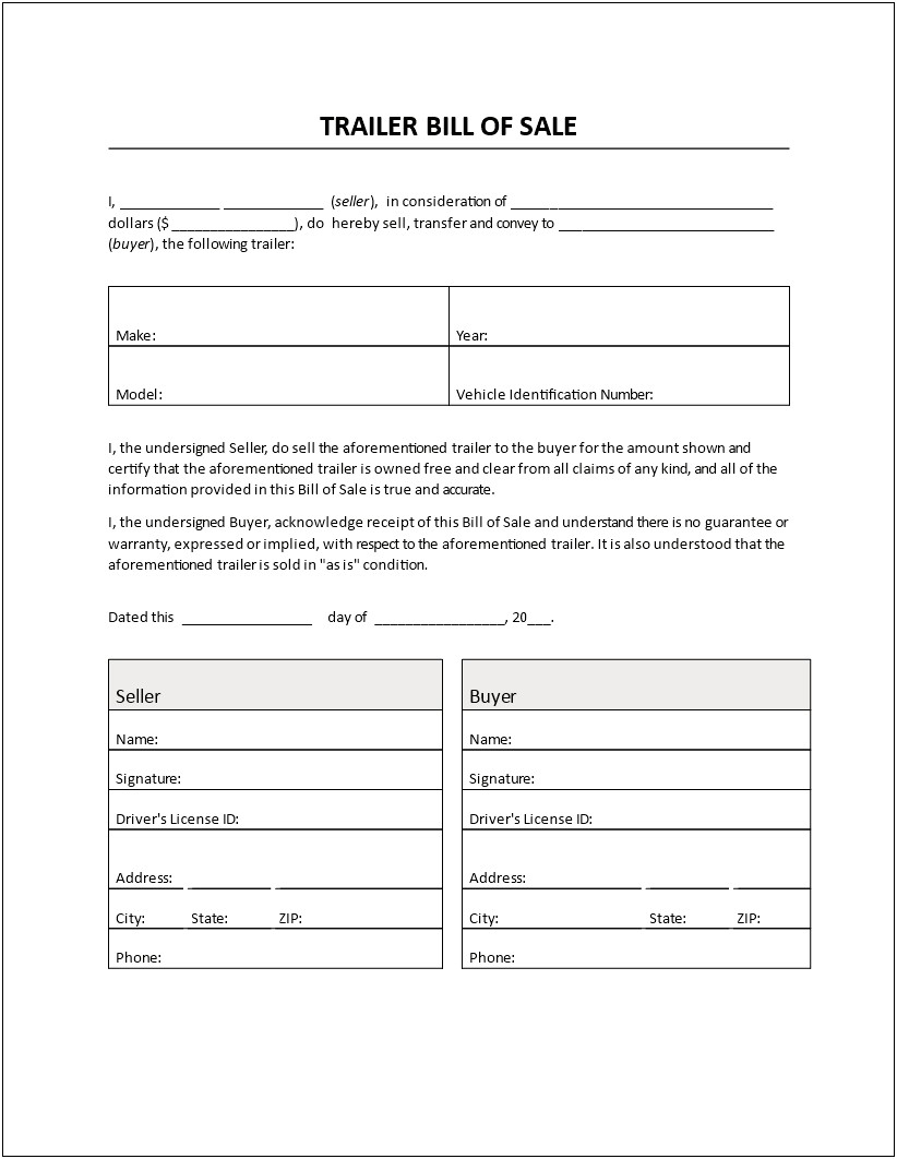 Free Travel Trailer Bill Of Sale Template