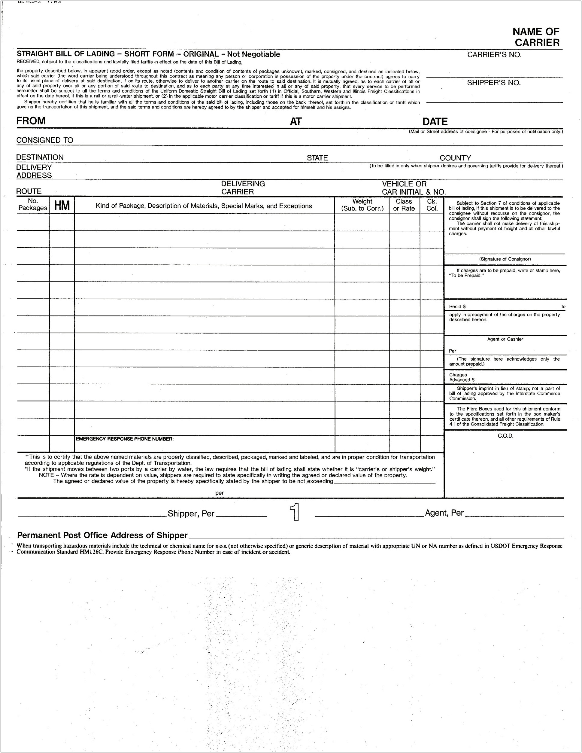 Free Truck Bill Of Lading Template