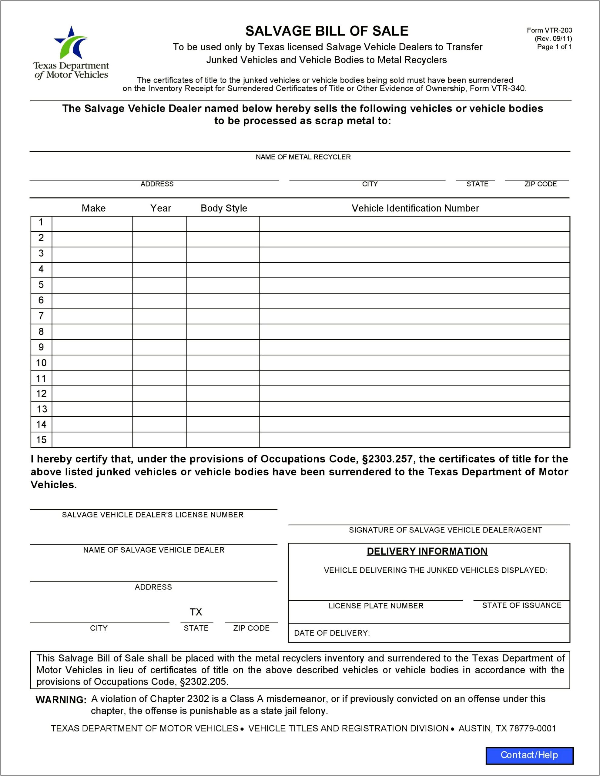 Free Vehicle Bill Of Sale Template For Texas