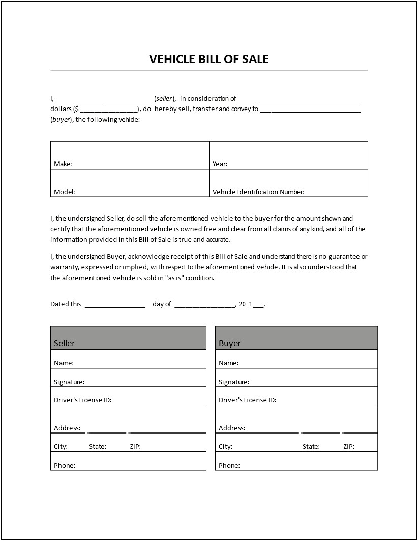 Free Vehicle Bill Of Sale Word Template