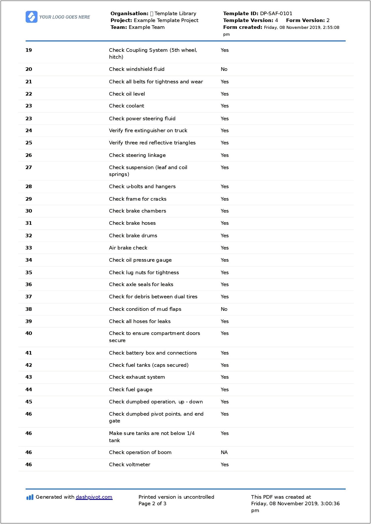 Free Vehicle Quick Safety Inspection Checklist Template