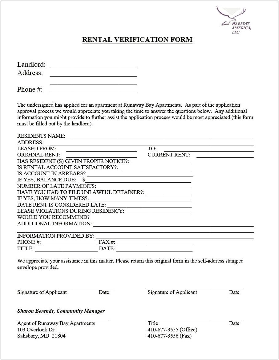 Free Verification Of Home Rents Form Template