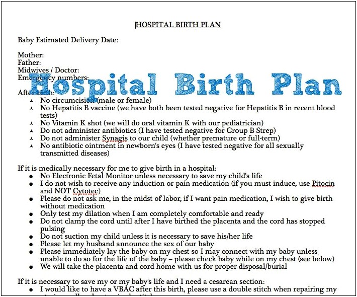 Free Visual Birth Plan Template For Waterbirth