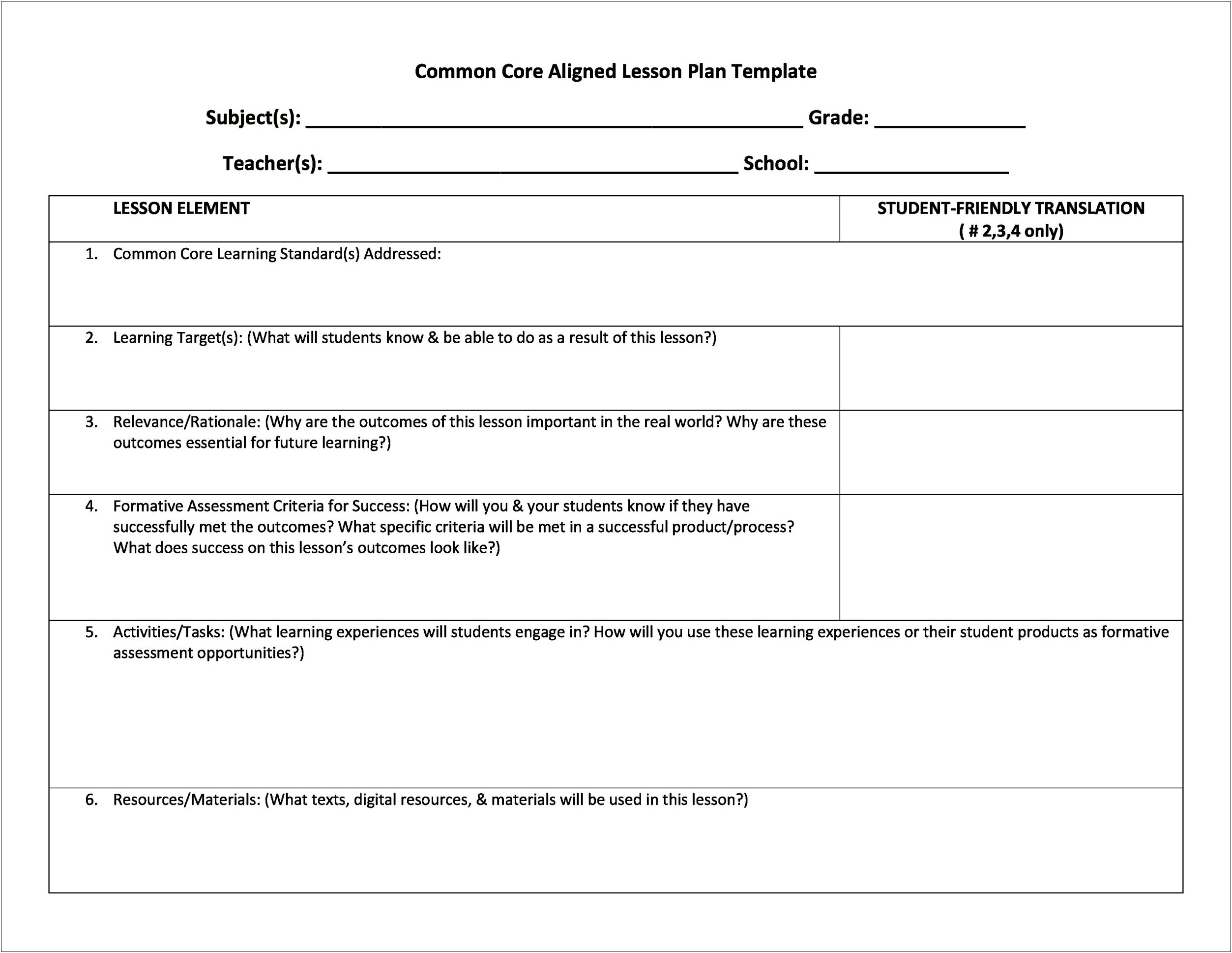 Free Weekly Lesson Plan Template Middle School