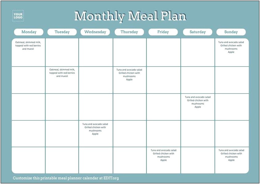 Free Weekly Meal Planner Monthly Menu Planner Template