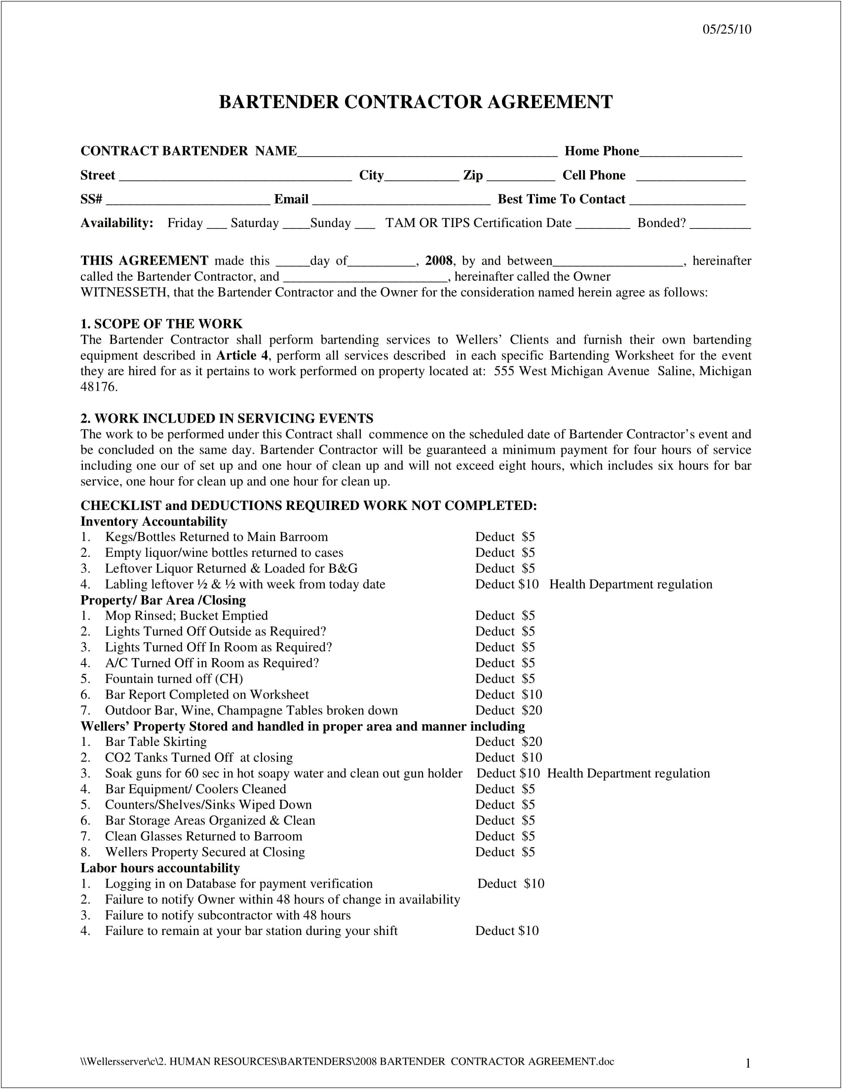 Free Work Service Contract Template For Michigan
