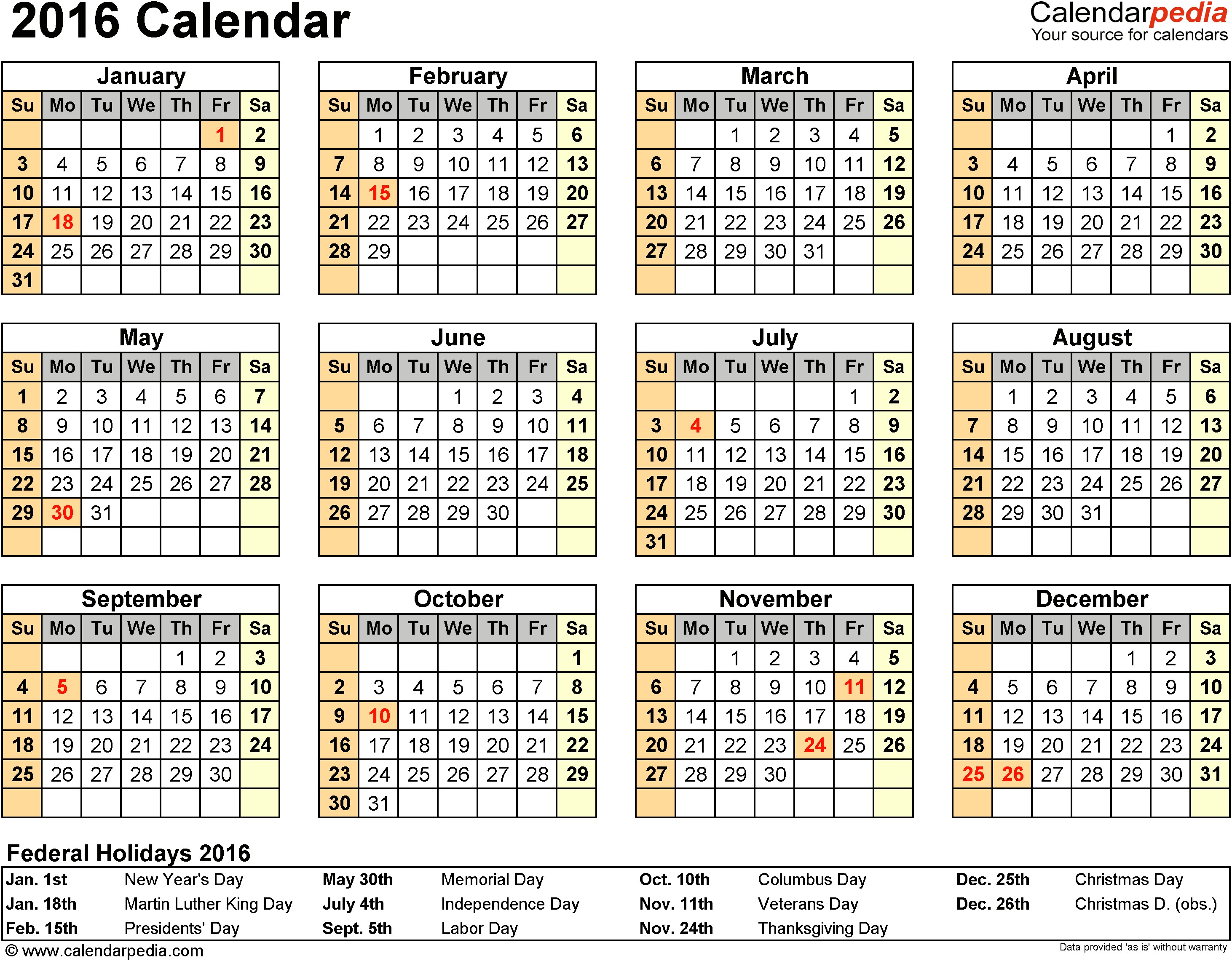 Free Year At A Glance Calendar Template 2015