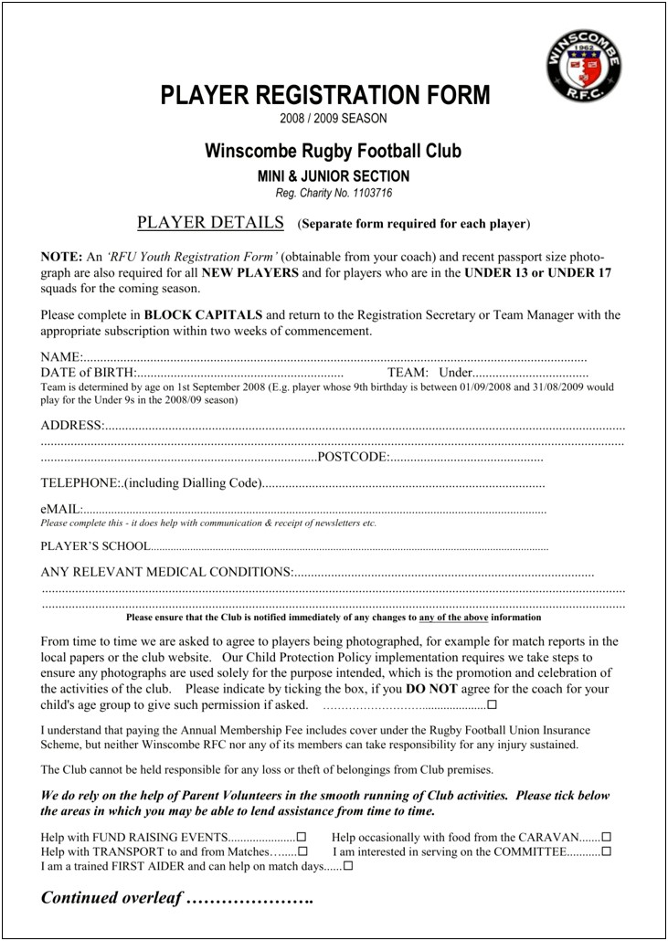 Free Youth Football Registration Form Template