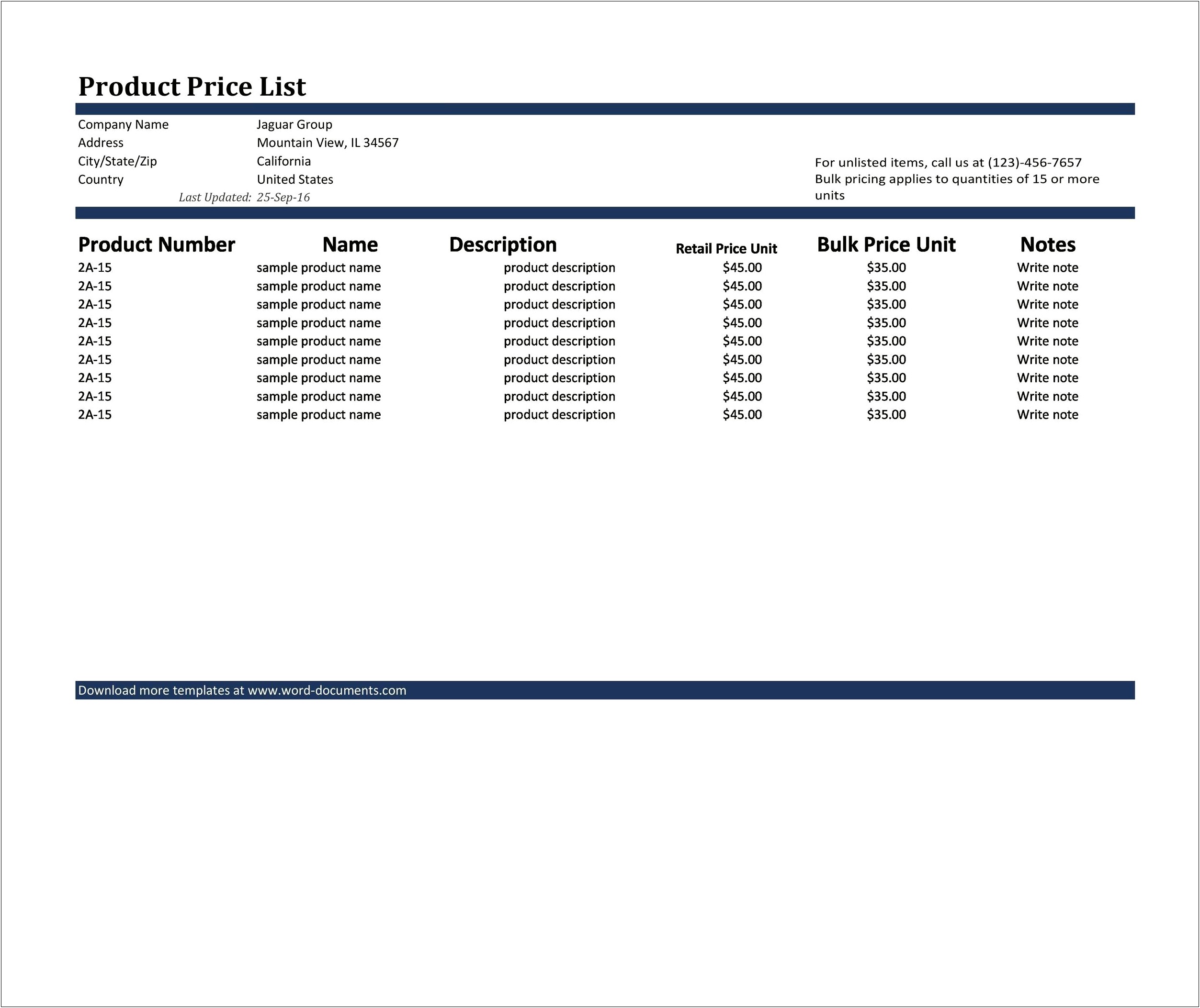 General Business Price List Template Free Download