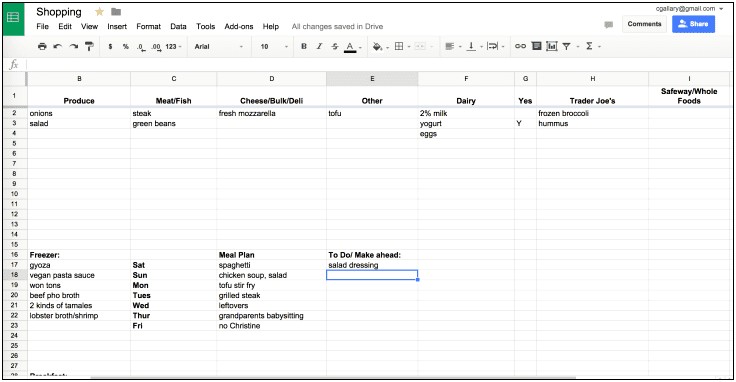 Google Sheets Free Shopping List Meal Plan Template