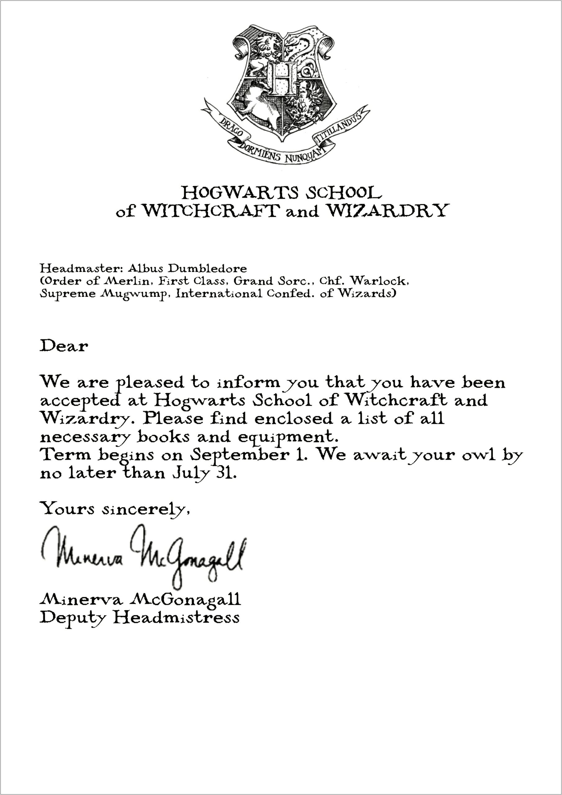 Harry Potter Hogwarts Letter Invitation Free Template