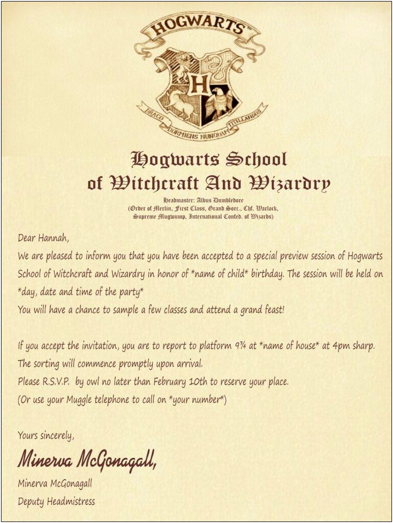 Harry Potter Invitation To Hogwarts Template Free