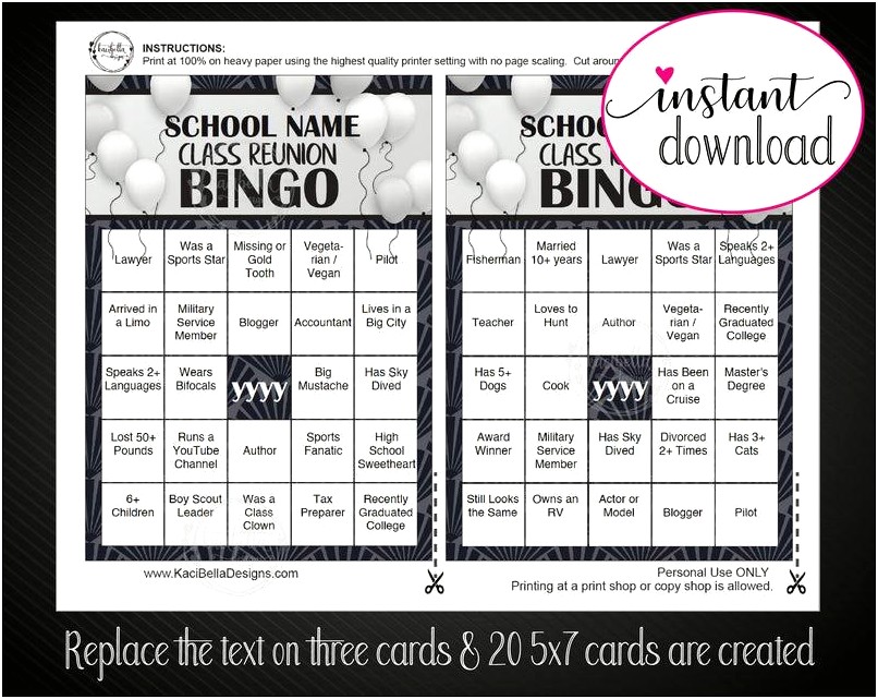 High School Reunion Bingo Card Template Free Printable
