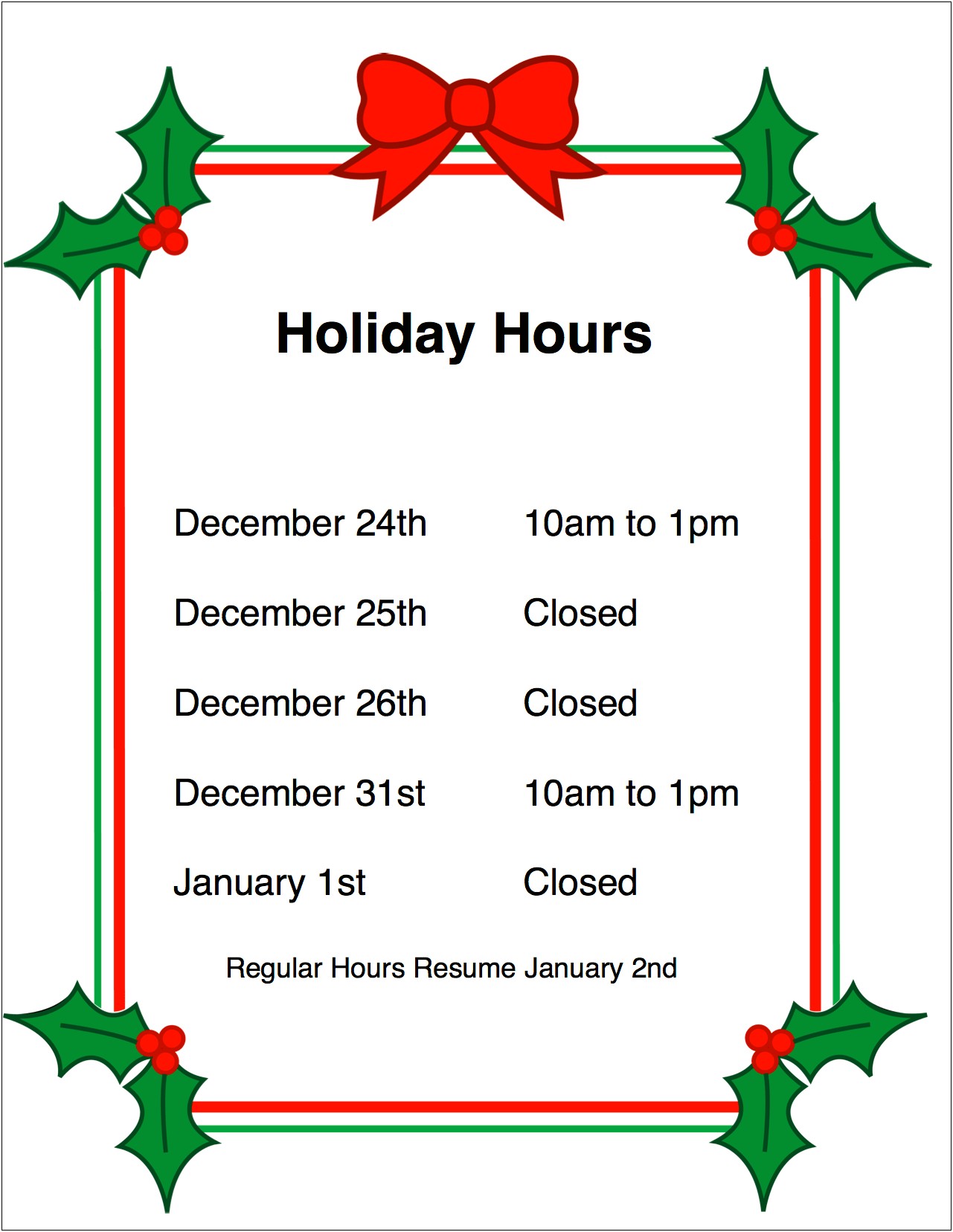 Holiday Hours Of Operation Template Free