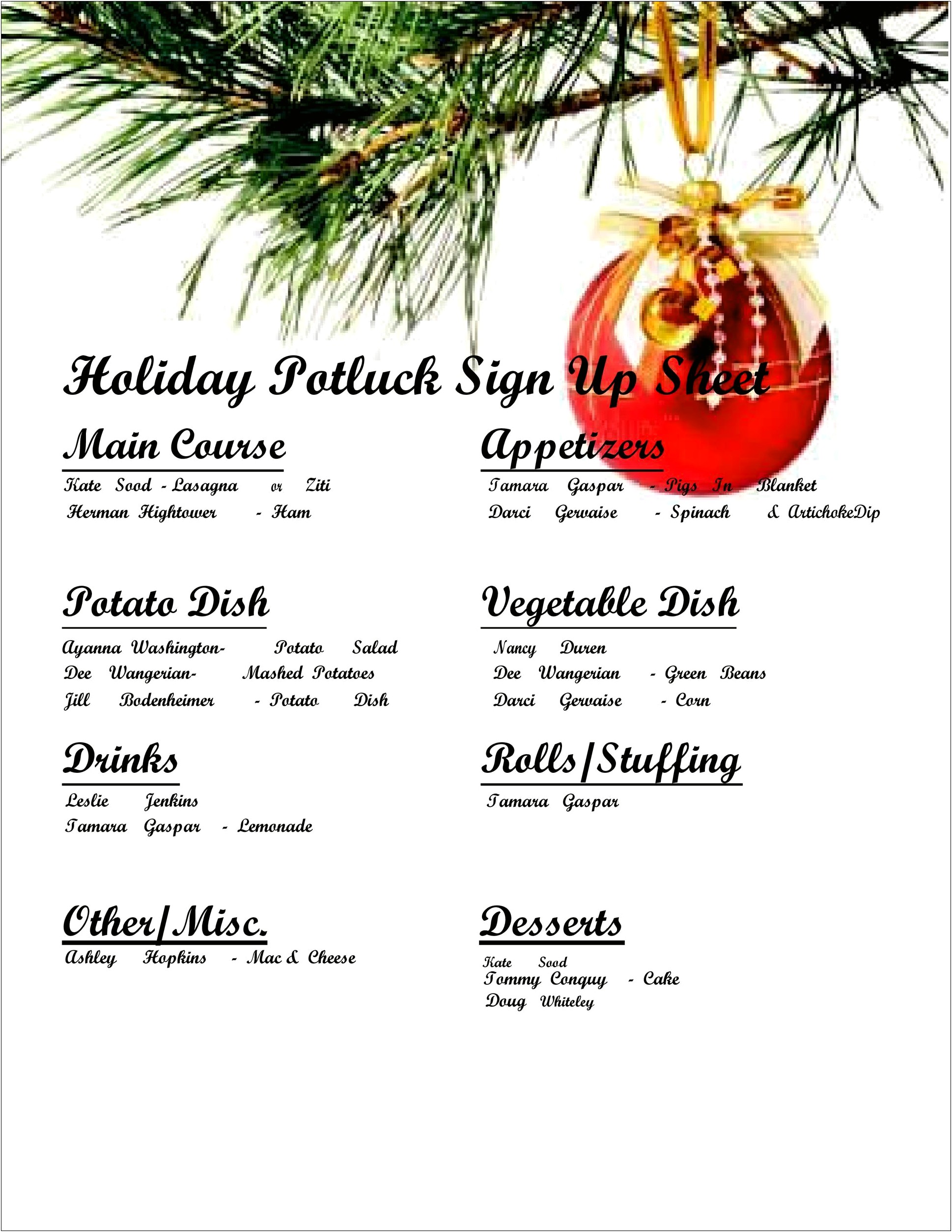 Holiday Potluck Sign Up Sheet Free Template