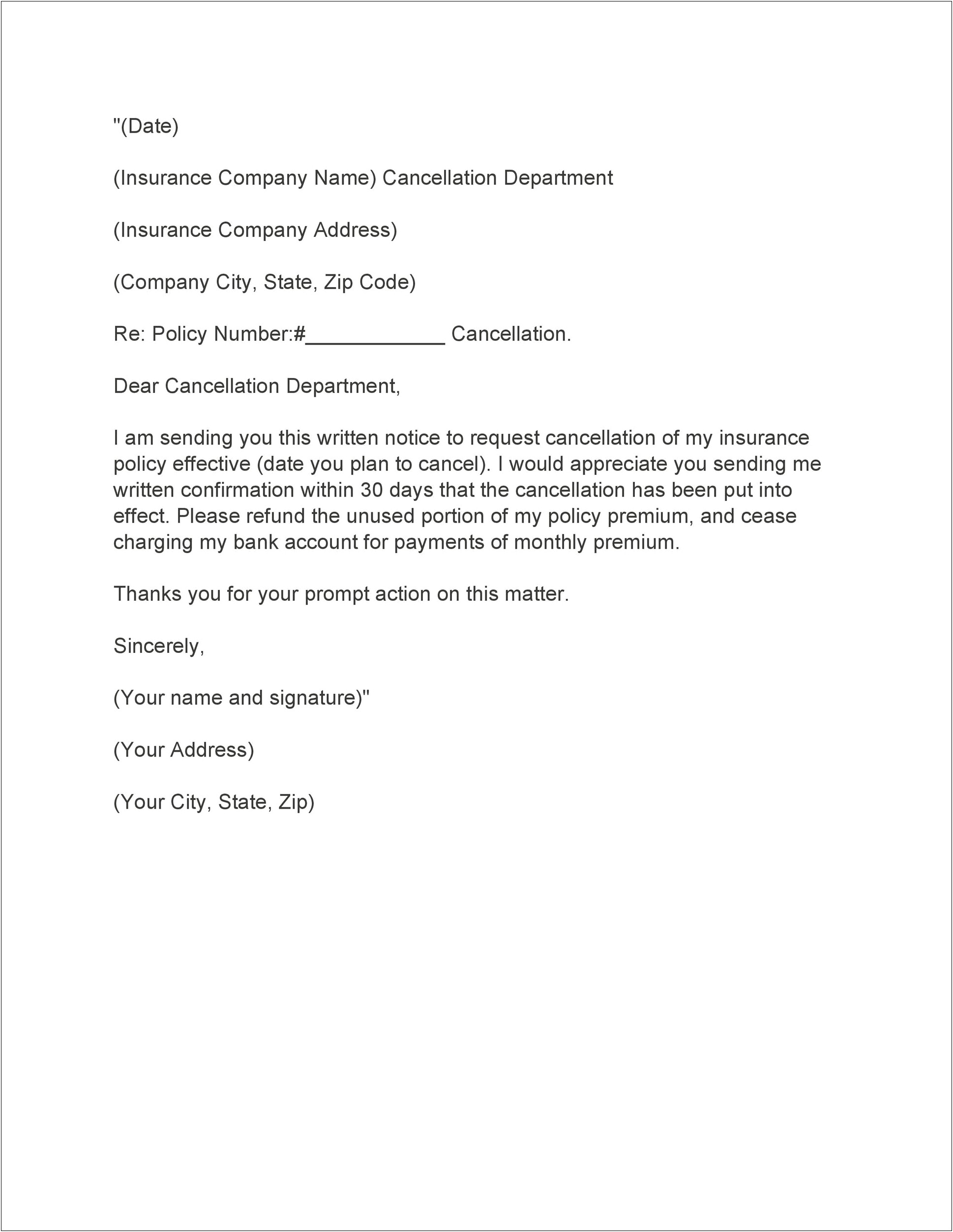 Homeowners Request For Insurance Cancellation Letter Free Template