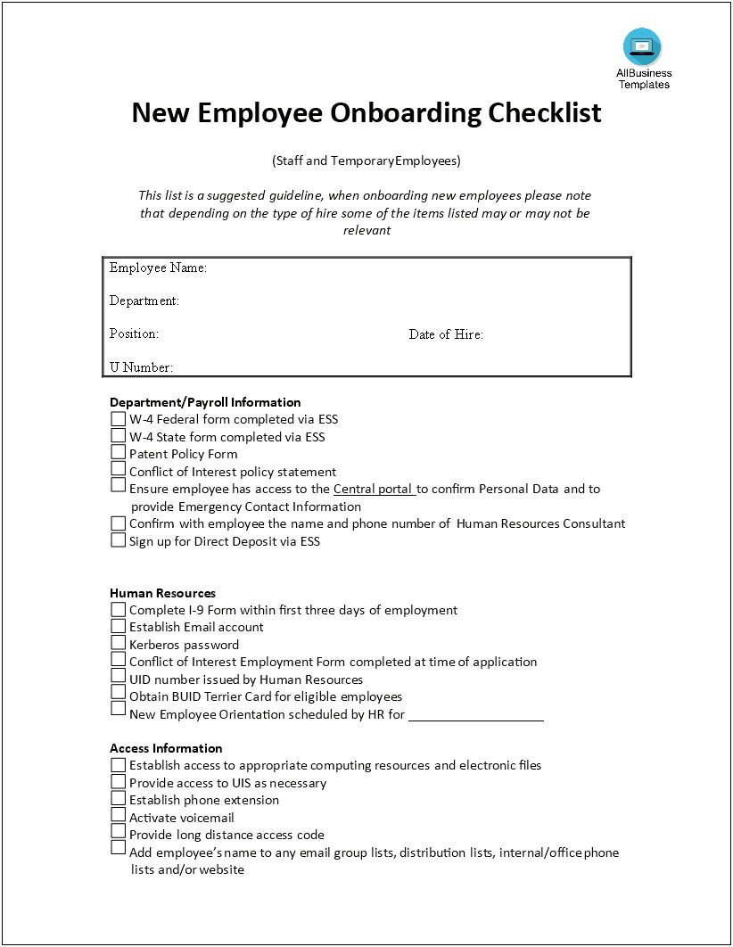 Human Resouce New Hire Checklist Free Templates