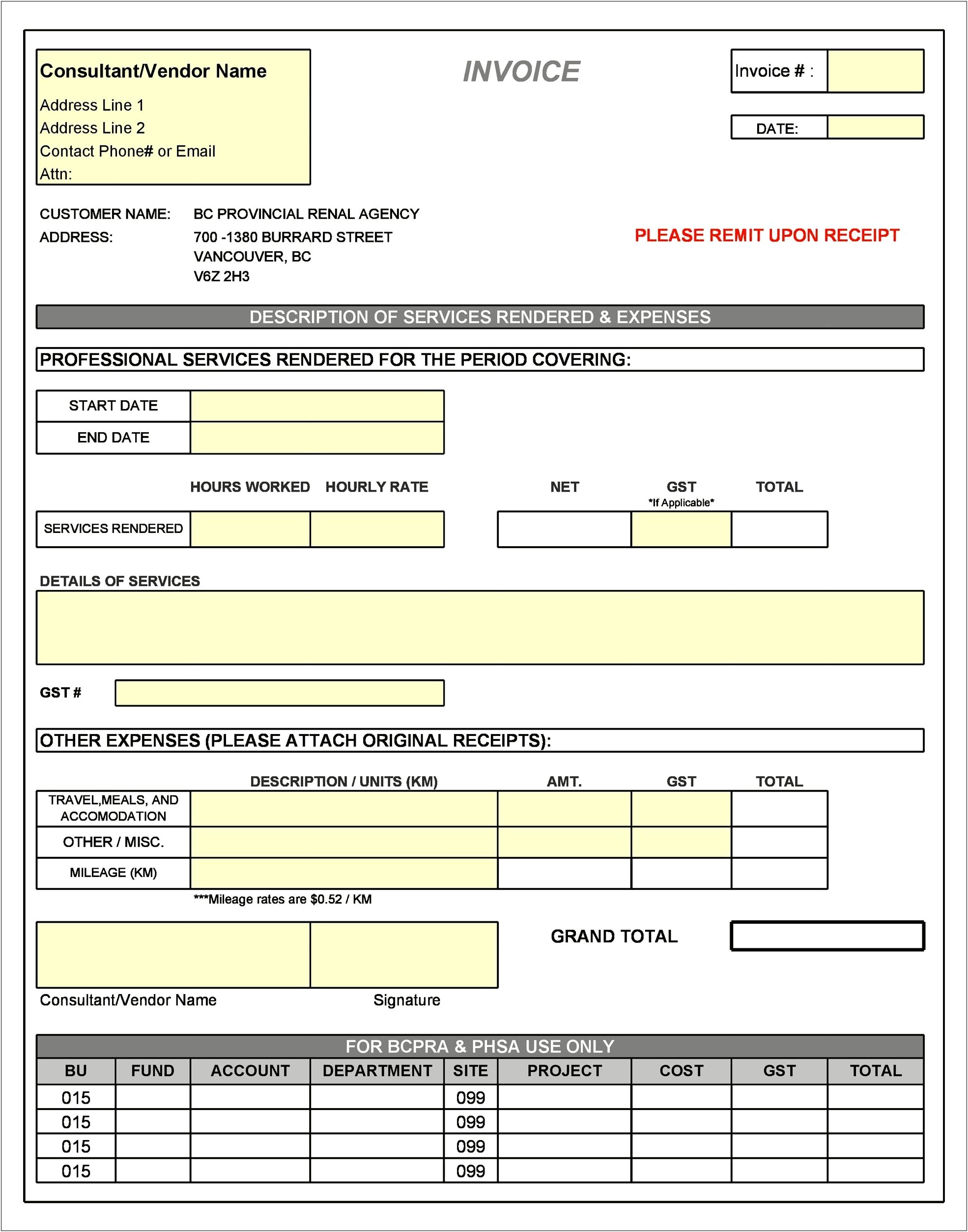Invoice Template For Services Rendered Free Downloadable