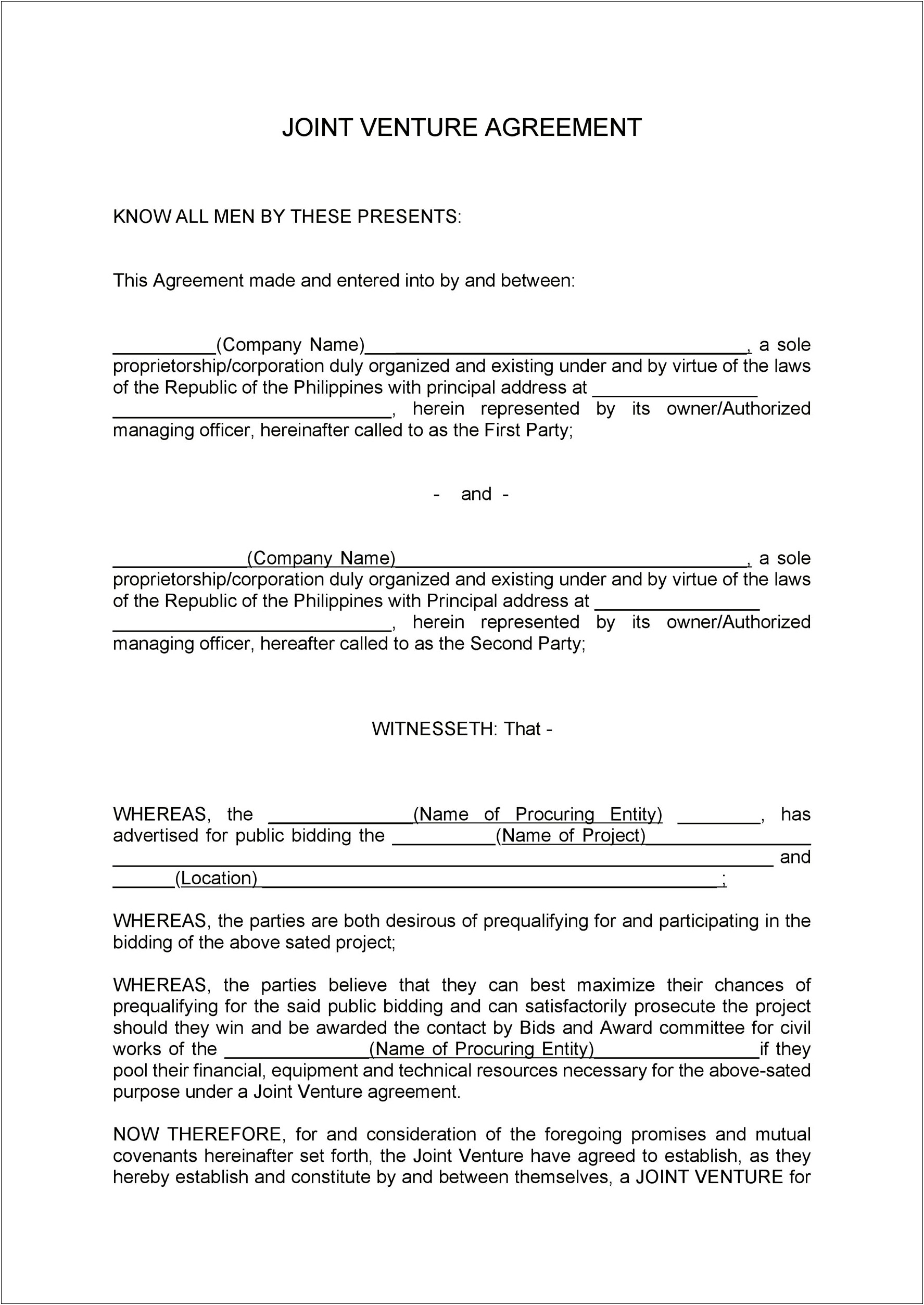 Joint Venture Agreement Template Free Download South Africa