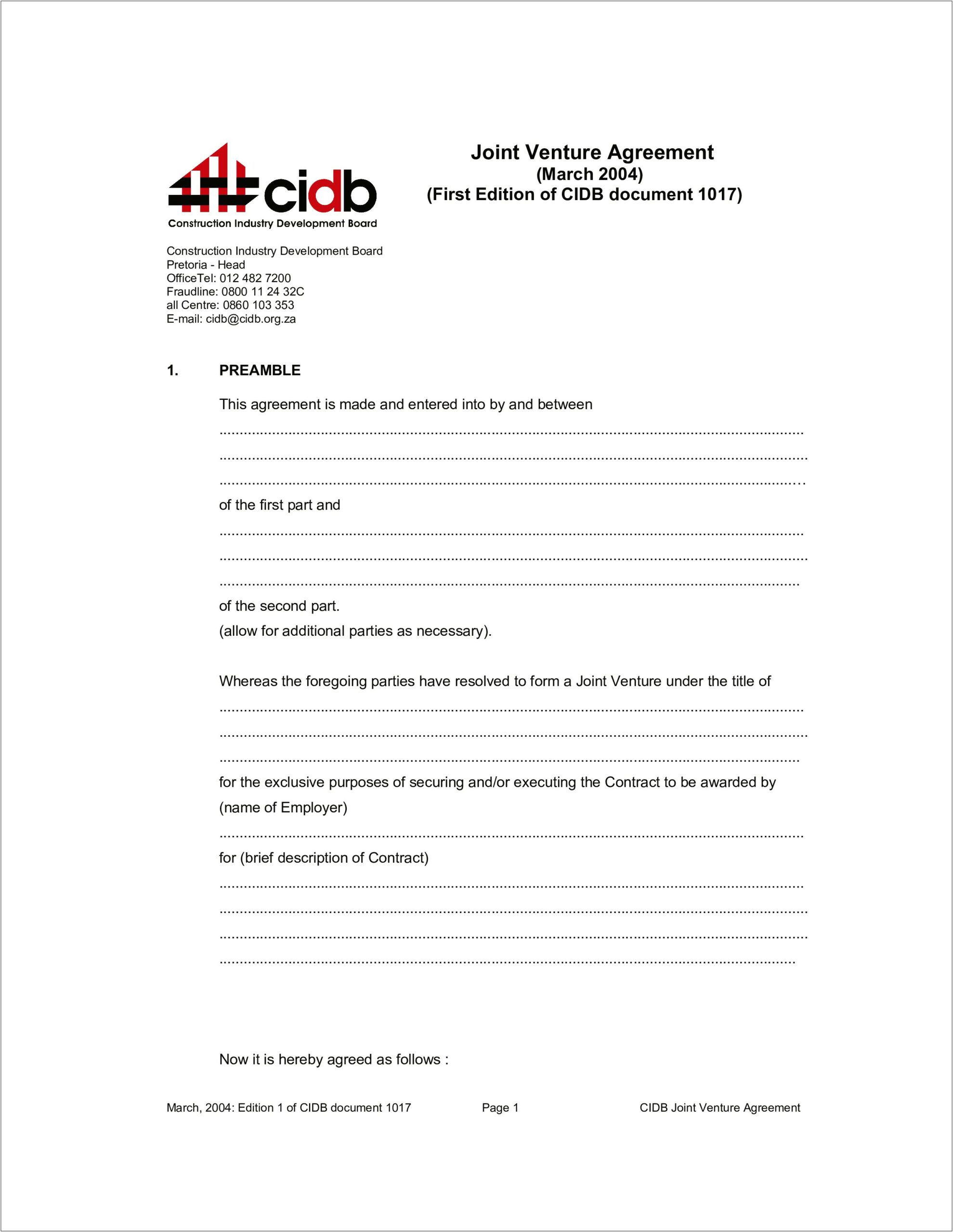 Joint Venture Agreement Template Free South Africa