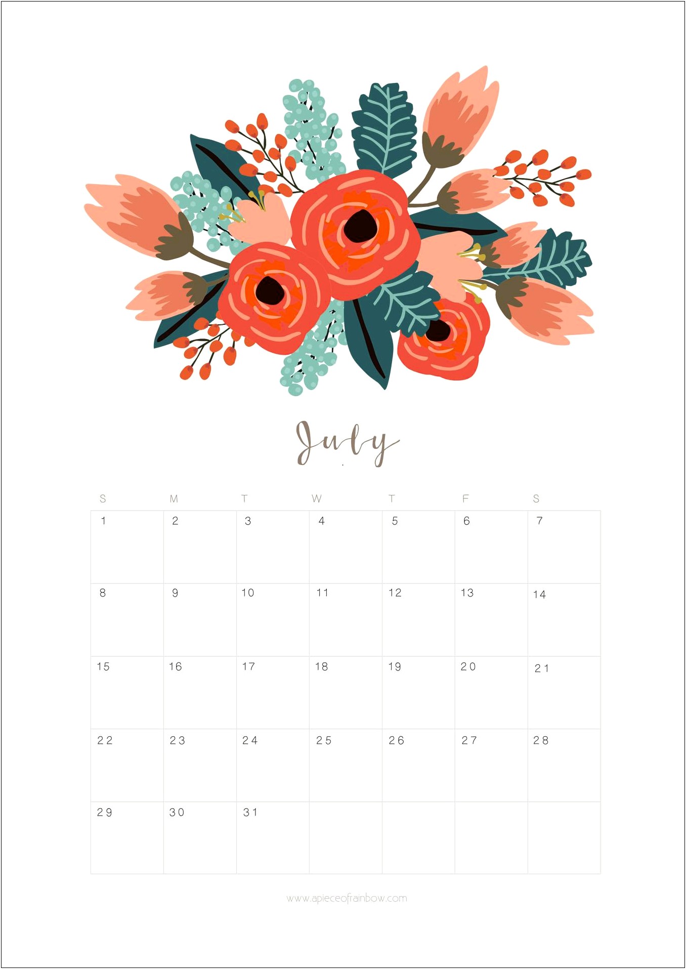 July Calendar Template 2017 Free To Print