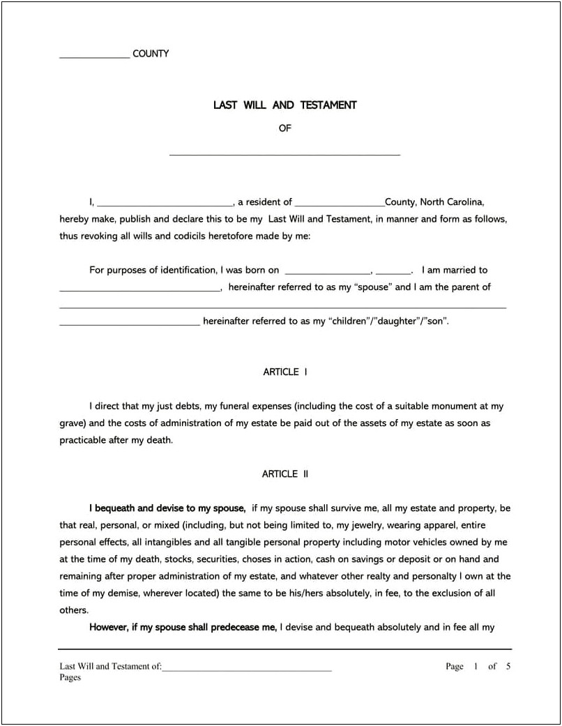 Last Will And Testament Doc Free Template