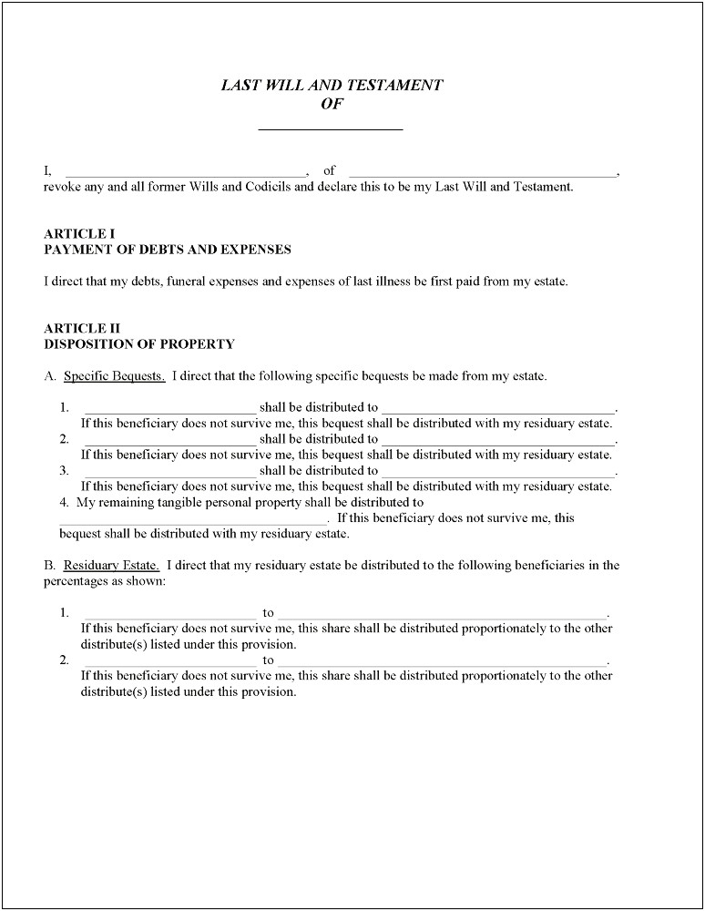 Last Will And Testament Free Template Pa