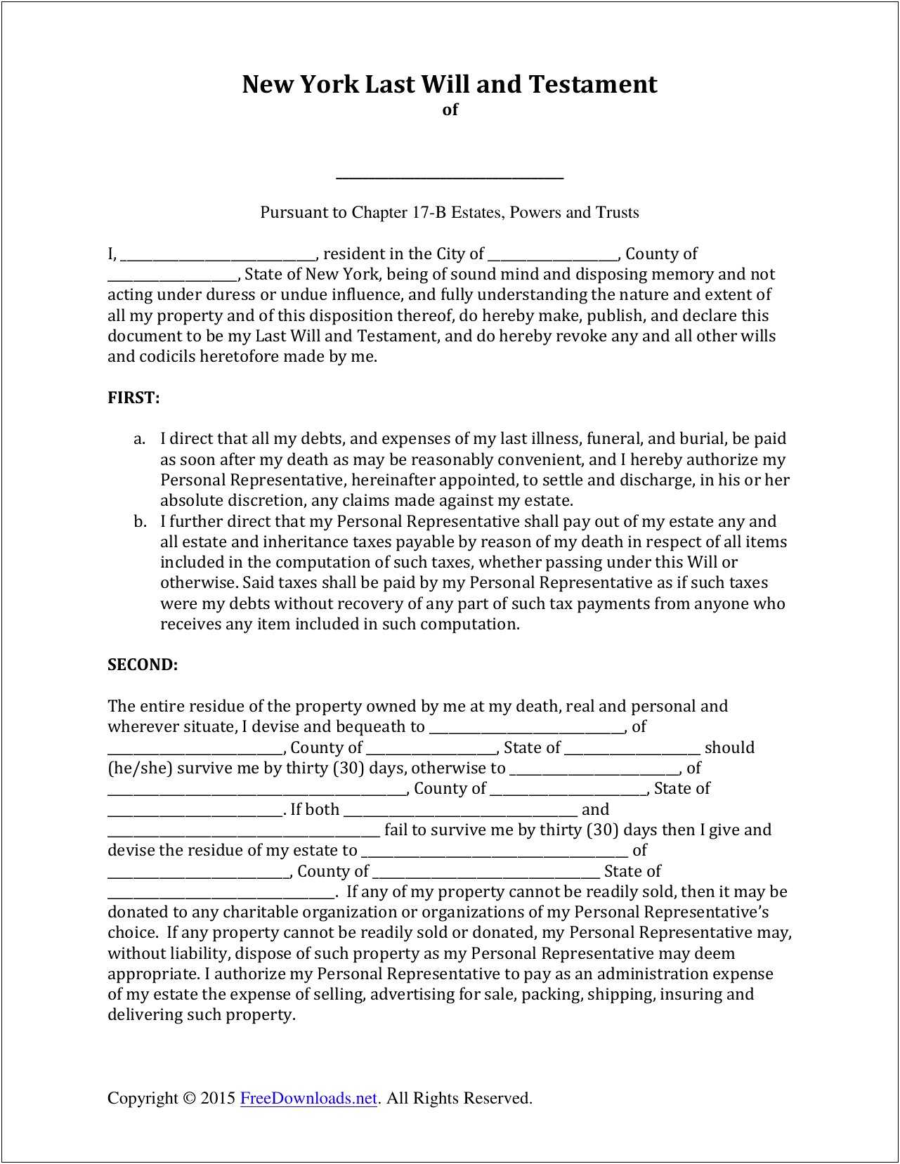 Last Will And Testament New York Free Template