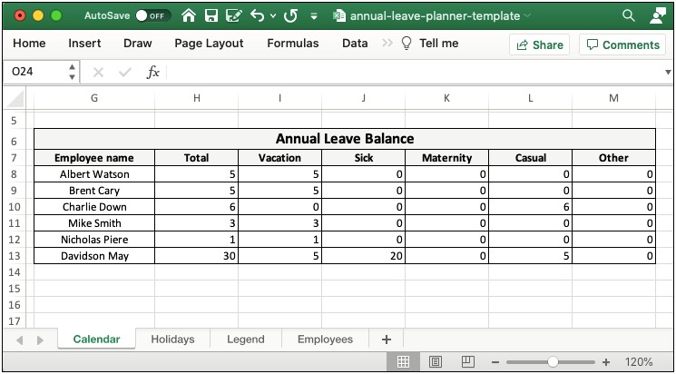 Leave Planner Excel Template Free Download