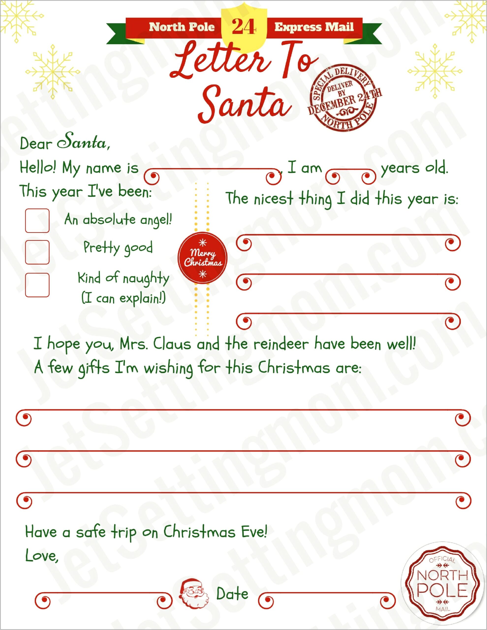 Letters To Santa 2012 Templates Free Printable