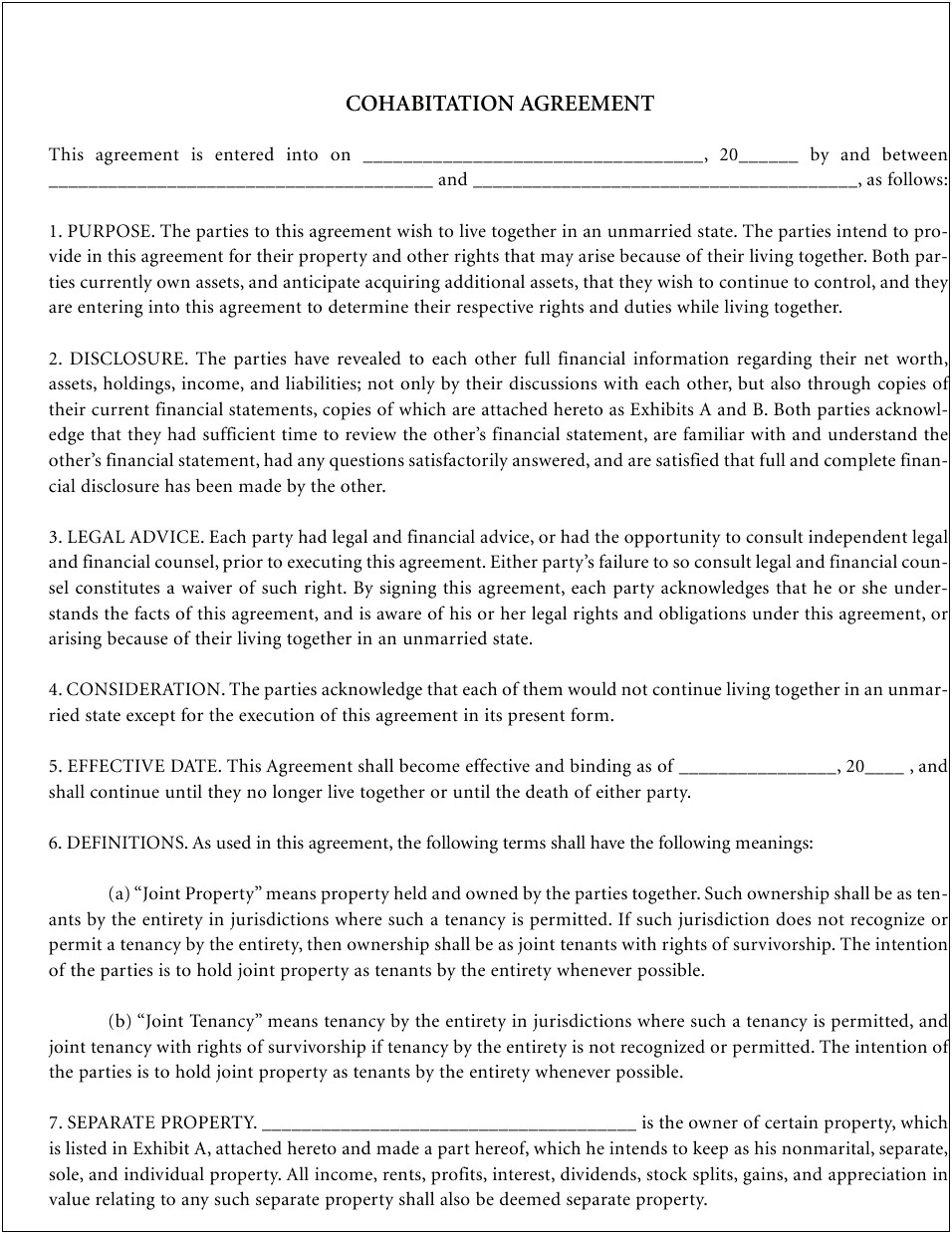 Living Together And Property Agreement Free Template Florida