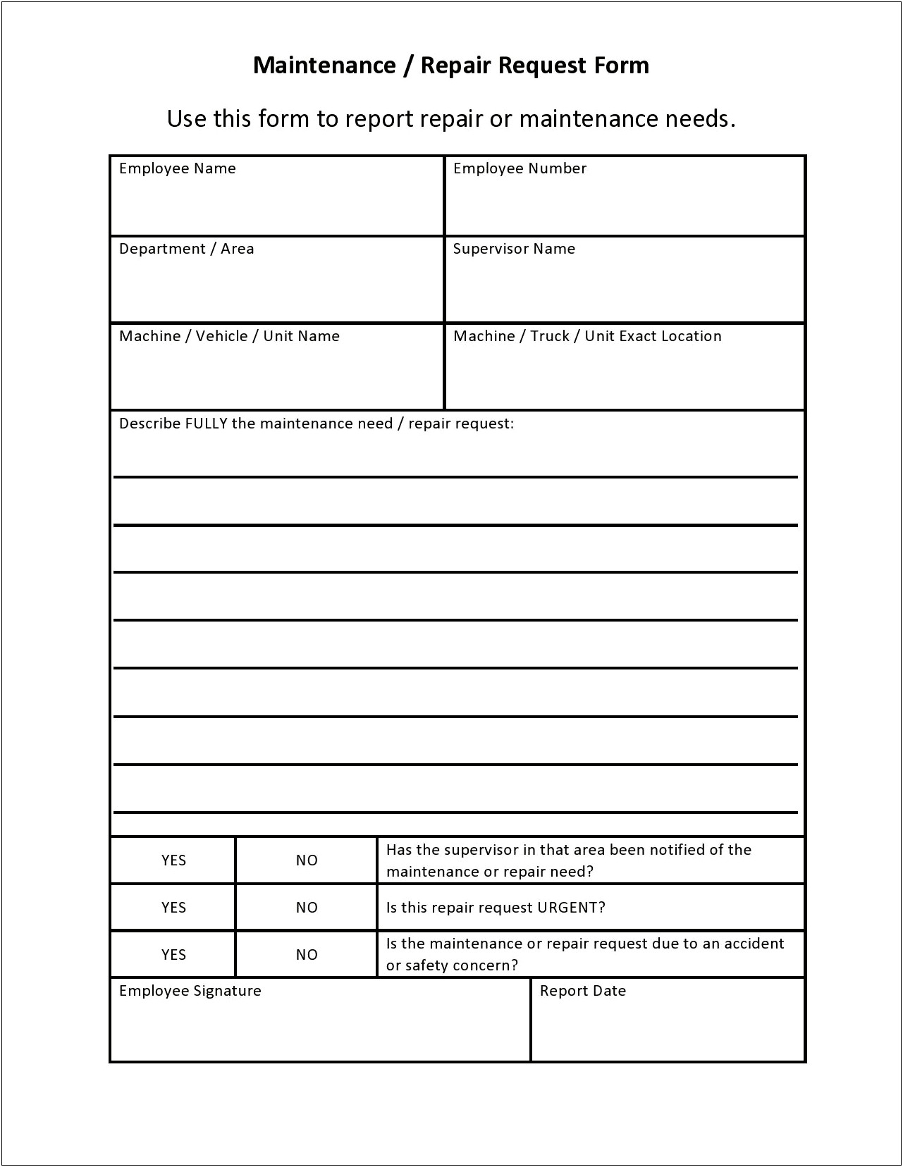 Maintenance Request Card Template Word Checklist Small Free