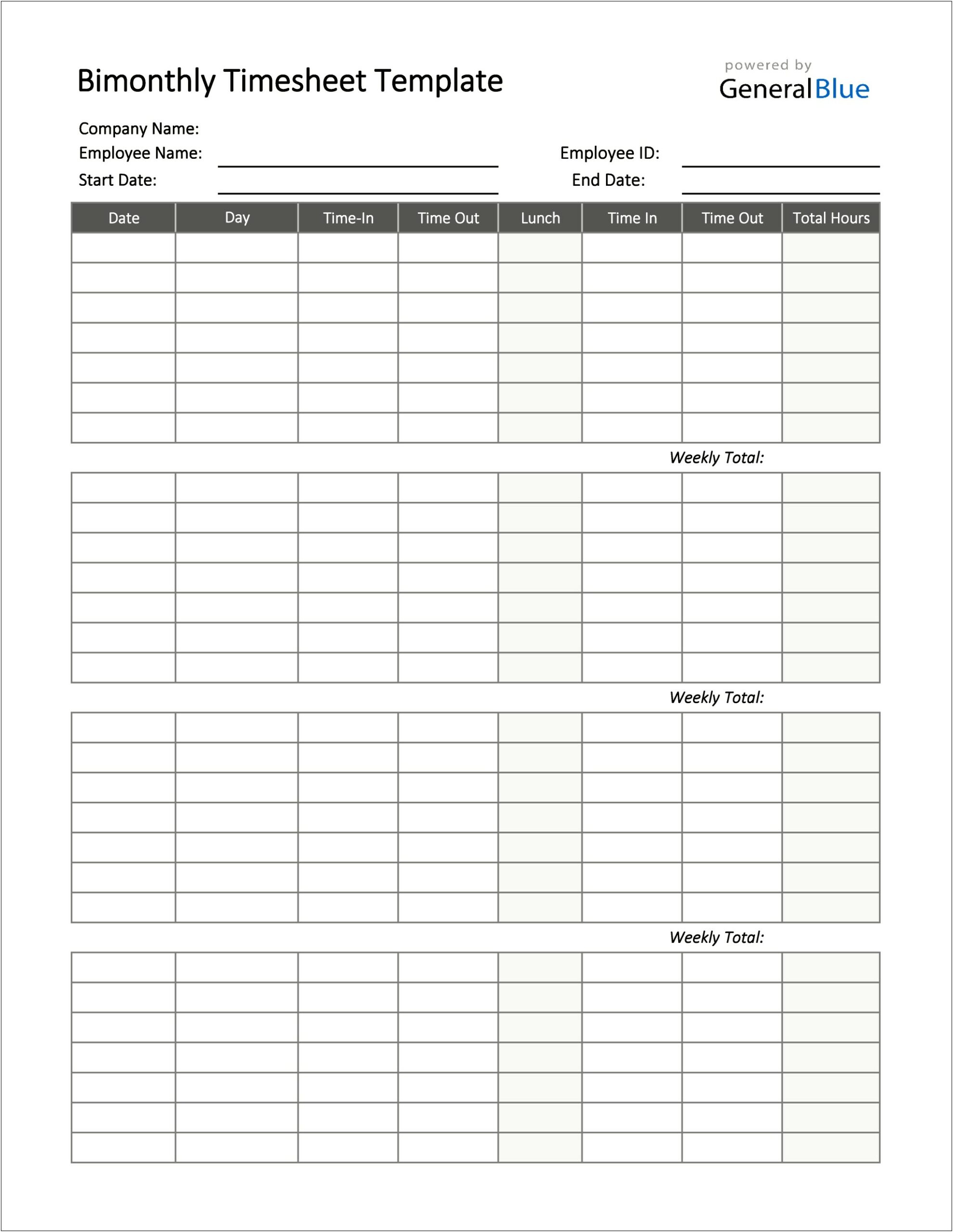 Monthly Biweekly Time Sheet Downloadable Template Free