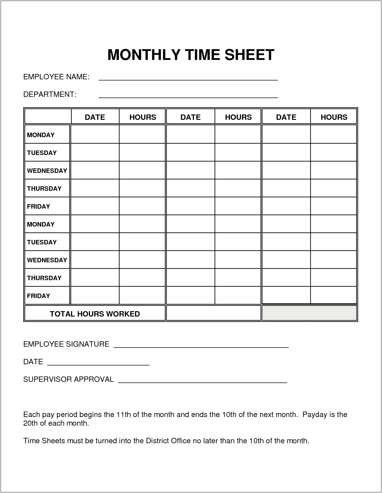 Monthly Start Finish Time Sheet Downloadable Template Free